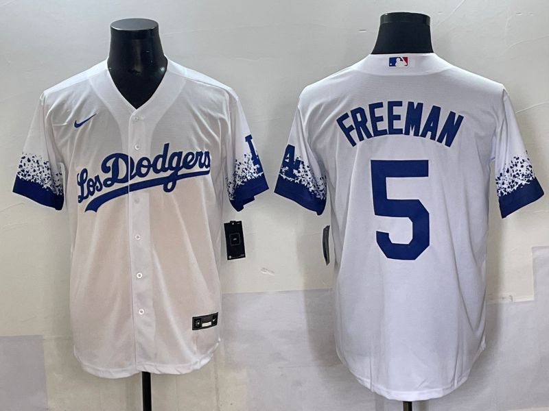 Men Los Angeles Dodgers 5 Freeman White blue City Edition Nike MLB Jersey style 1